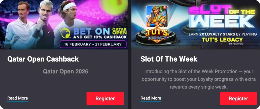 MyStake Casino promotions including Qatar Open cashback 10% and Slot of the Week loyalty bonus