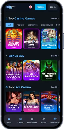 MyStake Casino mobile interface showing top casino games and live casino section