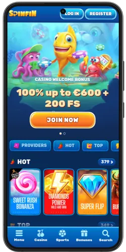 Spinfin Casino welcome bonus 100% up to €600 plus 200 free spins on mobile
