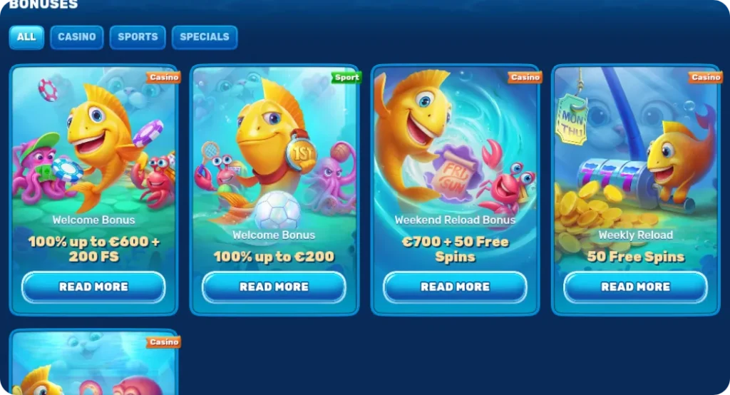 Spinfin Casino bonuses page with casino welcome sports welcome weekend reload and weekly spins offers