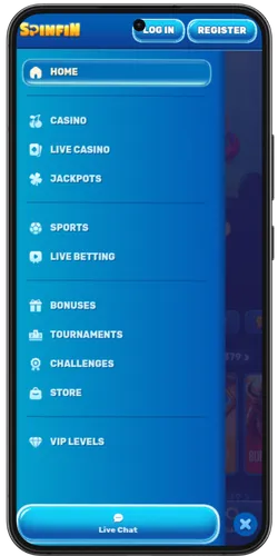 Spinfin Casino navigation menu with casino sports tournaments and VIP levels