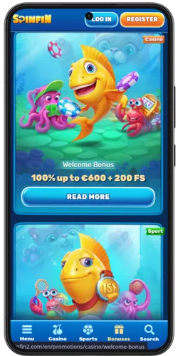 Spinfin Casino welcome bonus page with read more and sport bonus options