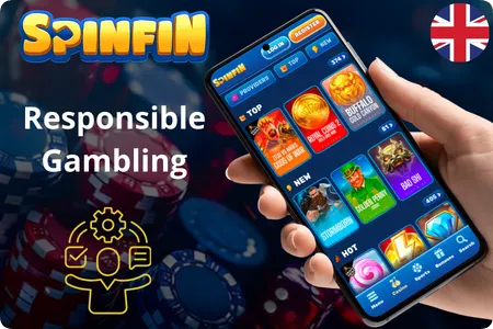Spinfin Casino responsible gambling tools with top and new slot categories on mobile