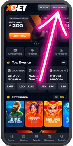 Register button in the casino app header