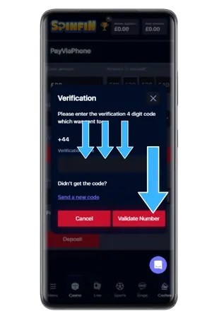 Mobile payment SMS verification screen Tesco Mobile casino